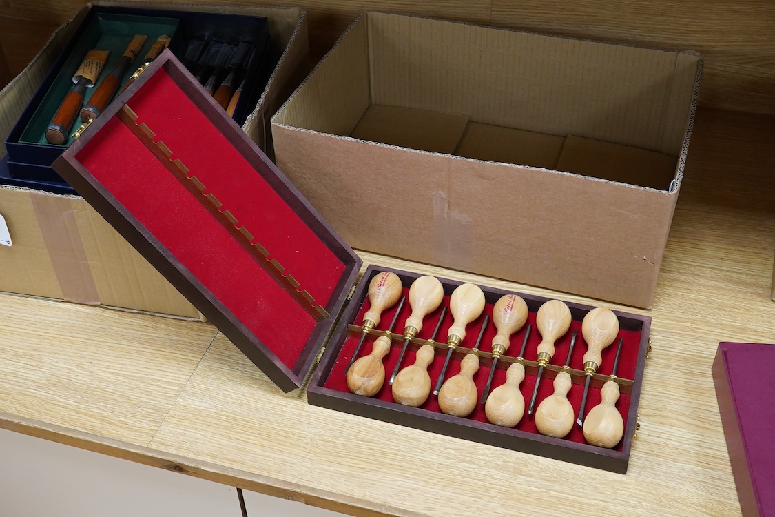 Three sets of Robert Sorby wood carving chisels, comprising a 12-piece set (No.612A), a 6-piece set (No.606), and a wooden case 12-piece micro carving set, all contained within fitted card boxes